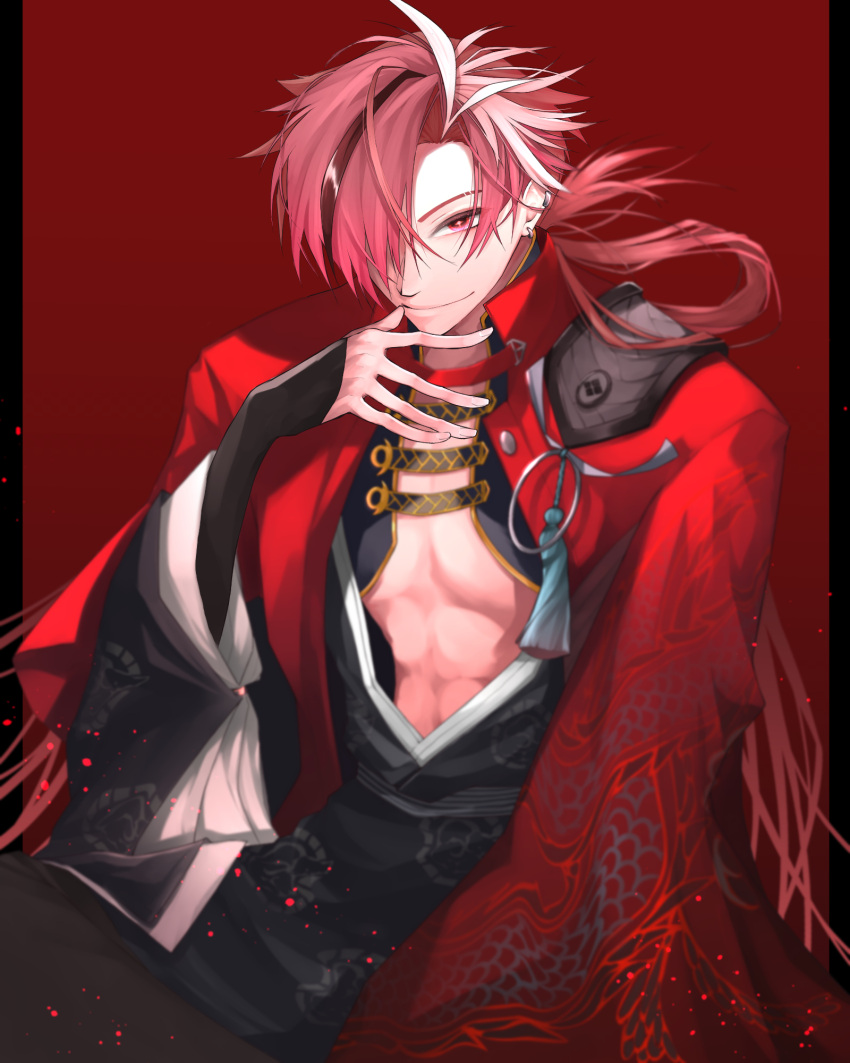 1boy abs black_hair dragon_print earrings eyebrow_cut fate/grand_order fate_(series) hair_over_one_eye hazuki-a highres jacket japanese_clothes jewelry long_hair long_sleeves looking_at_viewer low_ponytail male_focus multicolored_hair pectoral_cleavage pectorals red_background red_eyes red_hair red_jacket simple_background smile solo streaked_hair takasugi_shinsaku_(fate) toned toned_male upper_body white_hair