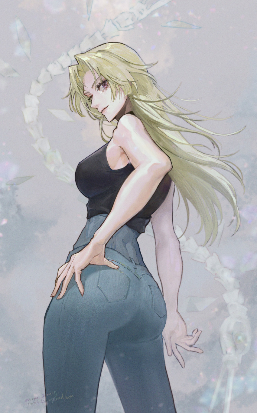 1girl absurdres ass bare_shoulders black_shirt blonde_hair blue_pants breasts brown_eyes crop_top denim eyelashes garuda_(jujutsu_kaisen) grey_background hair_intakes hand_on_own_hip highres jeans jujutsu_kaisen large_breasts long_hair looking_at_viewer mu_kmijj pants shikigami shirt sleeveless sleeveless_shirt solo tsukumo_yuki_(jujutsu_kaisen) white_background