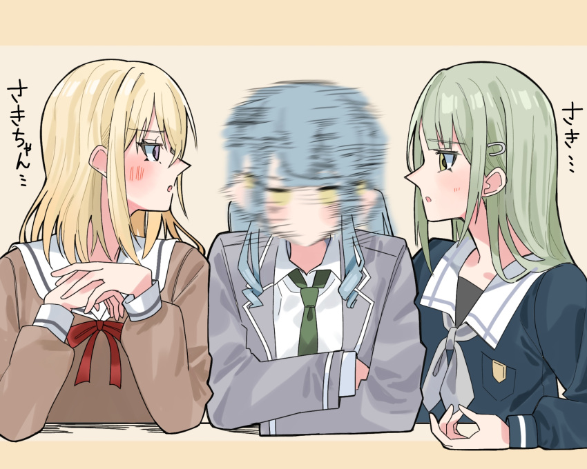 3girls bang_dream! bang_dream!_it's_mygo!!!!! blazer blue_hair blue_shirt blush brown_shirt collared_shirt commentary_request green_hair green_necktie grey_jacket grey_neckerchief hair_ornament hairclip hanasakigawa_school_uniform haneoka_school_uniform highres jacket long_hair long_sleeves looking_at_another medium_hair misumi_uika multiple_girls nanami_(nunnun_0410) neck_ribbon neckerchief necktie open_mouth own_hands_together purple_eyes red_ribbon ribbon sailor_collar school_uniform serafuku shirt sidelocks the_weaker_sex_1_(gibson) togawa_sakiko translation_request tsukinomori_school_uniform upper_body wakaba_mutsumi white_sailor_collar white_shirt yellow_eyes yuri