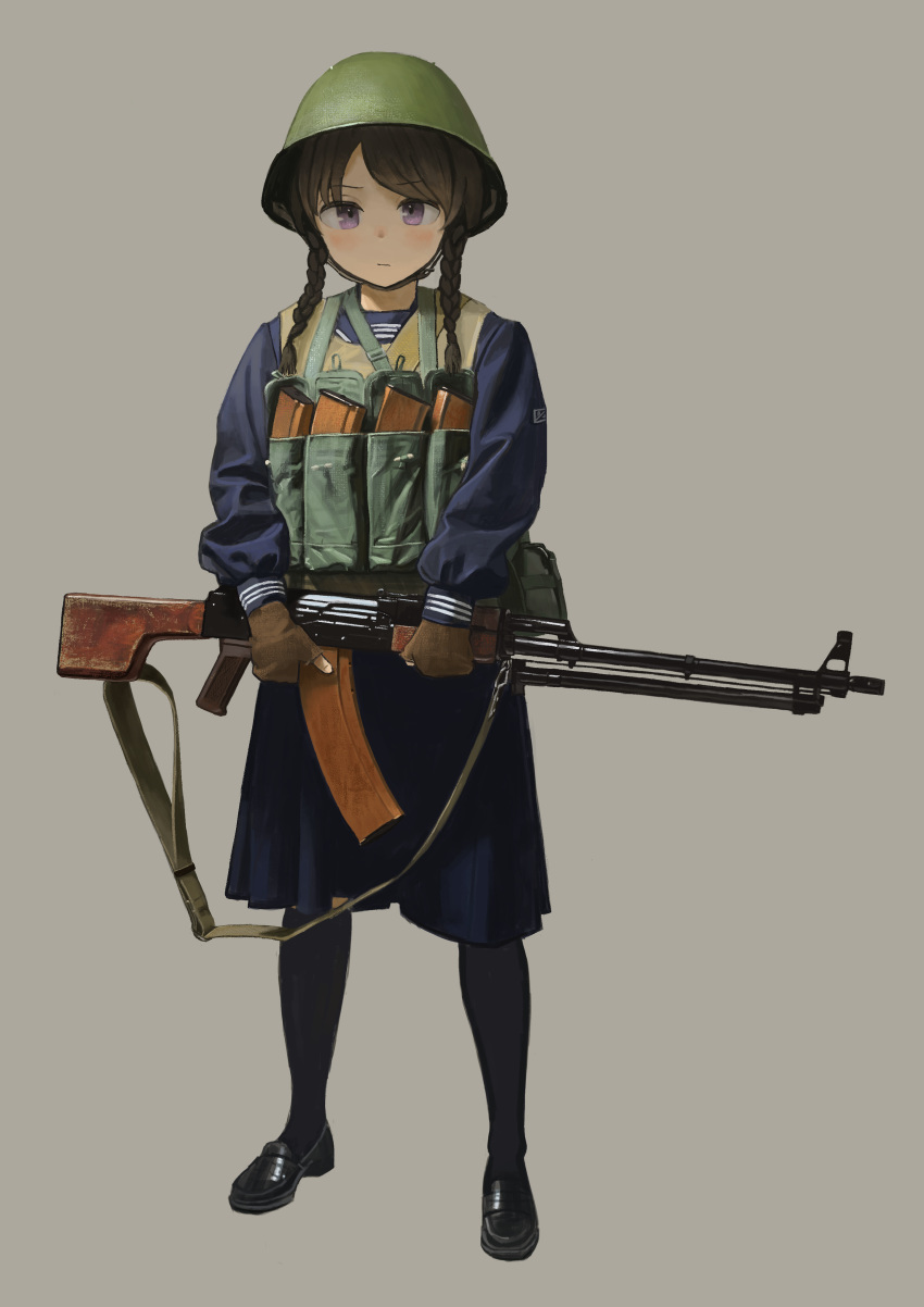 1girl absurdres bipod blue_eyes blue_jacket blue_serafuku blue_skirt brown_gloves brown_hair chest_rig combat_helmet expressionless full_body garoppui gloves green_hat grey_background gun helmet highres jacket light_machine_gun loafers looking_at_viewer magazine_(weapon) original pantyhose rpk-74 school_uniform serafuku shoes skirt solo standing twintails weapon