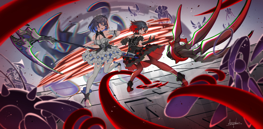 2girls absurdres ahoge arepko back-to-back black_dress black_footwear black_gloves blue_eyes blue_hair claw_(weapon) dress dual_persona dutch_angle full_body gloves highres holding holding_scythe holding_weapon honkai_(series) honkai_impact_3rd kneepits multiple_girls open_mouth red_eyes red_hair red_thighhighs scythe seele_(alter_ego) seele_vollerei seele_vollerei_(stygian_nymph) signature standing thighhighs weapon white_dress white_footwear white_gloves white_thighhighs