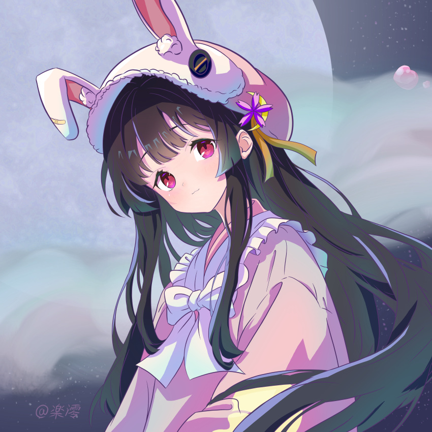 1girl :3 absurdres animal_hat bandaid black_hair bow chinese_commentary closed_mouth cloud commentary_request crescent crescent_hat_ornament dream_soul frilled_shirt_collar frills hat hat_ornament highres houraisan_kaguya kagurachiriri long_hair looking_at_viewer moon night night_sky pink_shirt pixiv_username rabbit_hat red_eyes ribbon shirt sidelocks sky solo star_(sky) touhou upper_body white_bow yellow_ribbon