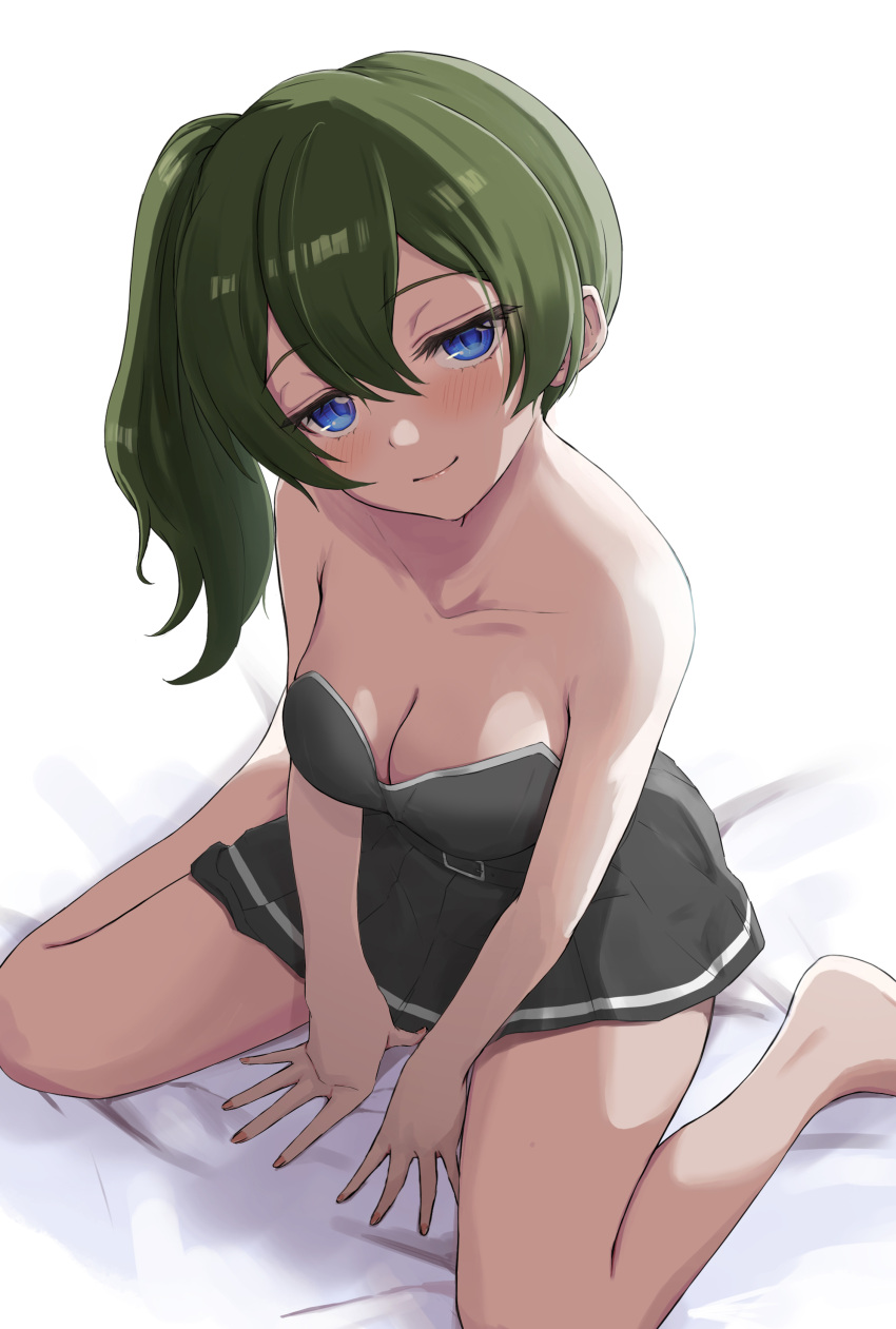 1girl absurdres bare_shoulders barefoot between_legs black_dress blue_eyes breasts cleavage collarbone commentary_request dress full_body green_hair half-closed_eyes hand_between_legs highres jitome large_breasts long_hair paid_reward_available pleated_dress sasasa_r_23 side_ponytail sitting smile solo sousou_no_frieren spread_fingers thighhighs ubel_(sousou_no_frieren) wariza white_background