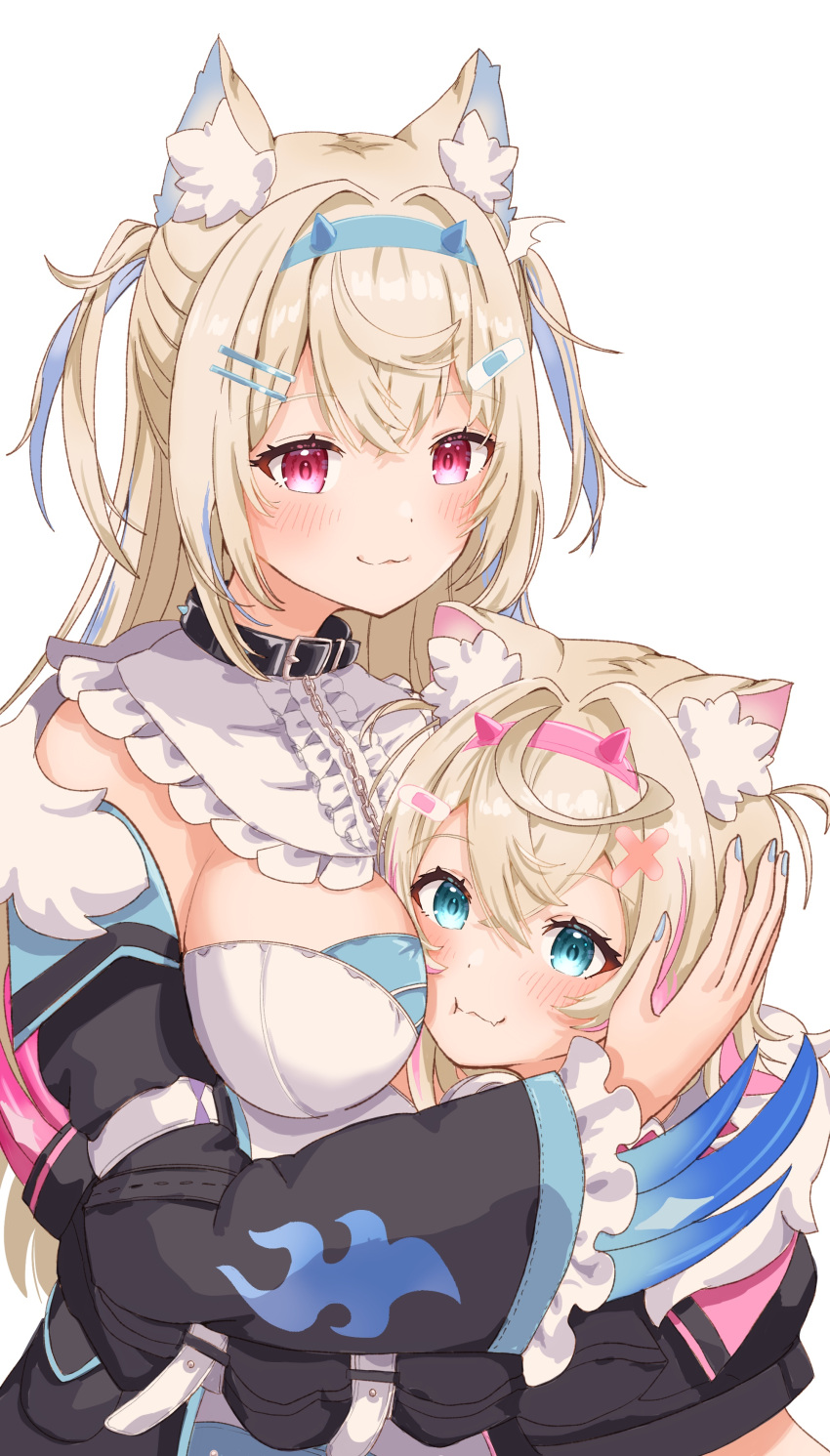 2girls absurdres animal_ear_fluff animal_ears bandaid bandaid_hair_ornament belt_collar black_collar black_jacket blonde_hair blue_eyes blue_hair blue_nails blush breasts cleavage collar dog_ears dog_girl dress fur-trimmed_jacket fur_trim fuwawa_abyssgard fuwawa_abyssgard_(1st_costume) hair_ornament hairpin highres hololive hololive_english hug jacket large_breasts lingmu long_hair looking_at_viewer medium_hair mococo_abyssgard mococo_abyssgard_(1st_costume) multicolored_hair multiple_girls nail_polish pink_eyes pink_hair siblings sisters spiked_collar spikes streaked_hair twins two_side_up virtual_youtuber white_background white_dress x_hair_ornament