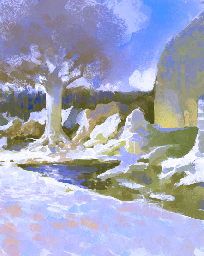 blue_sky day faux_traditional_media highres ice landscape nature no_humans original outdoors pond reflection reflective_water rock scenery sketch sky snow tree water winter yuming_li