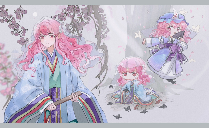 1girl blue_kimono branch bug butterfly cherry_blossoms commentary crying full_body grey_background hat highres japanese_clothes kimono long_hair mob_cap multiple_views panghulao pink_eyes pink_hair saigyouji_yuyuko sash touhou triangular_headpiece veil wavy_hair