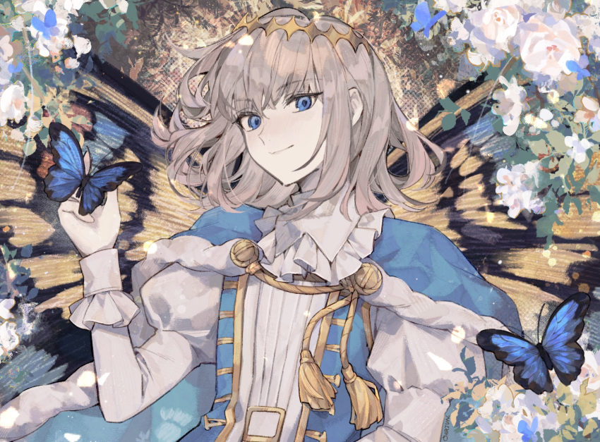 1boy blue_butterfly blue_cape blue_eyes bug butterfly butterfly_wings cape citrusarjun closed_mouth commentary diamond_hairband english_commentary fate/grand_order fate_(series) flower frilled_sleeves frills fur-trimmed_cape fur_trim grey_hair hand_up highres insect_wings juliet_sleeves long_sleeves looking_at_viewer male_focus oberon_(fate) puffy_sleeves robe short_hair smile solo tassel upper_body white_flower white_robe wings