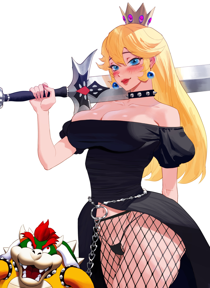 1boy 1girl absurdres arm_up bare_shoulders black_dress black_panties blonde_hair blue_eyes blush bowser breasts chain choker cleavage closed_mouth collarbone commentary cowboy_shot crown dress ear_blush earrings english_commentary eyebrows_hidden_by_hair facing_to_the_side fishnet_pantyhose fishnets highres holding holding_sword holding_weapon jewelry large_breasts long_hair looking_at_another looking_at_viewer mario_(series) off-shoulder_dress off_shoulder open_mouth panties pantyhose pink_nails princess_peach red_lips simple_background skindentation solo_focus string_panties sword thighs underwear upper_body weapon white_background wonbin_lee