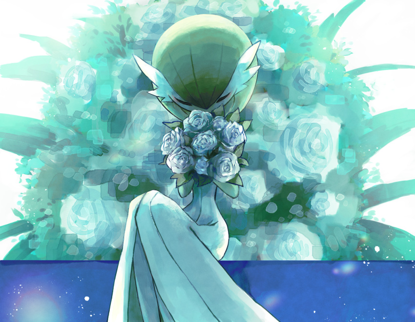 bob_cut bouquet closed_eyes colored_skin dress floral_background flower gardevoir green_hair holding holding_bouquet ma02ju multicolored_skin pokemon pokemon_(creature) rose sitting two-tone_skin white_dress white_flower white_rose white_skin