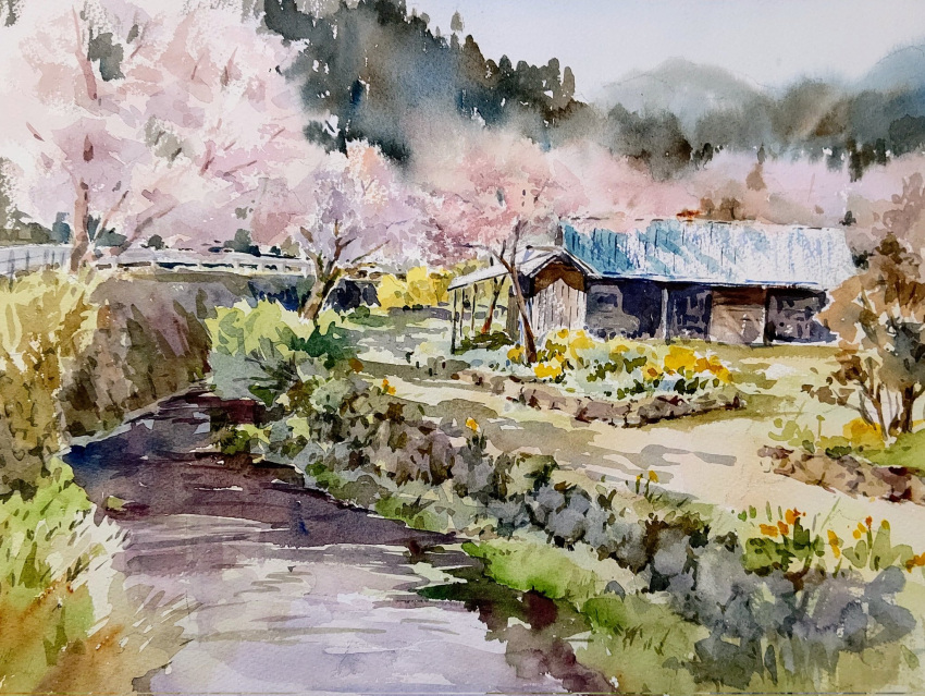 akemisuisai building bush cherry_blossoms highres house original painting_(medium) river riverbank rock scenery shed sketch spring_(season) traditional_media water watercolor_(medium)