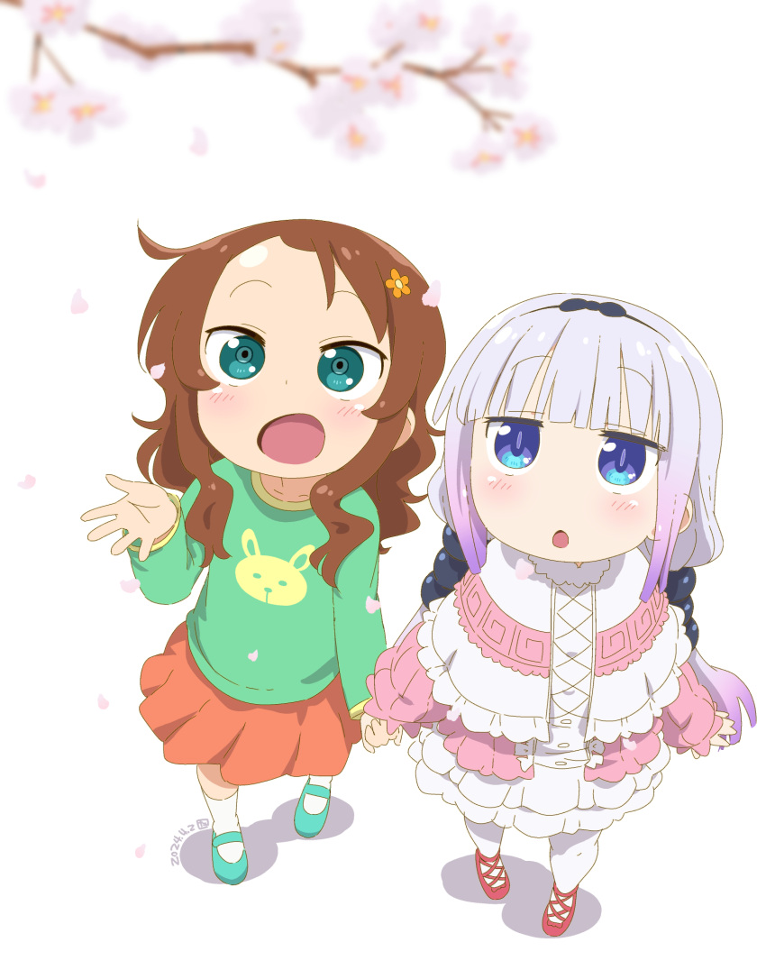 2girls animal_print beads black_bow blue_eyes bow child dated flower gradient_hair green_eyes green_footwear green_shirt hair_beads hair_bow hair_ornament hairband highres holding_hands kanna_kamui kneehighs kobayashi-san_chi_no_maidragon light_blush long_hair looking_up multicolored_hair multiple_girls open_mouth pleated_skirt purple_hair rabbit_print red_footwear red_skirt saikawa_riko samansa_ex shadow shirt skirt socks thighhighs tree walking white_background white_flower white_hair white_petals white_socks white_thighhighs