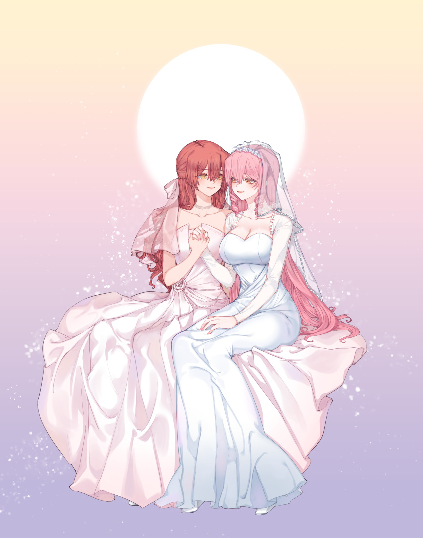 2girls aaaaddddd absurdres akuma_no_riddle blue_dress breasts bridal_veil circle cleavage closed_mouth commentary dress drill_hair full_body gradient_background highres holding_hands inukai_isuke large_breasts long_hair long_sleeves multiple_girls orange_eyes pink_dress pink_hair purple_background red_hair sagae_haruki sitting smile strapless strapless_dress veil wedding_dress wife_and_wife yellow_background yellow_eyes yuri