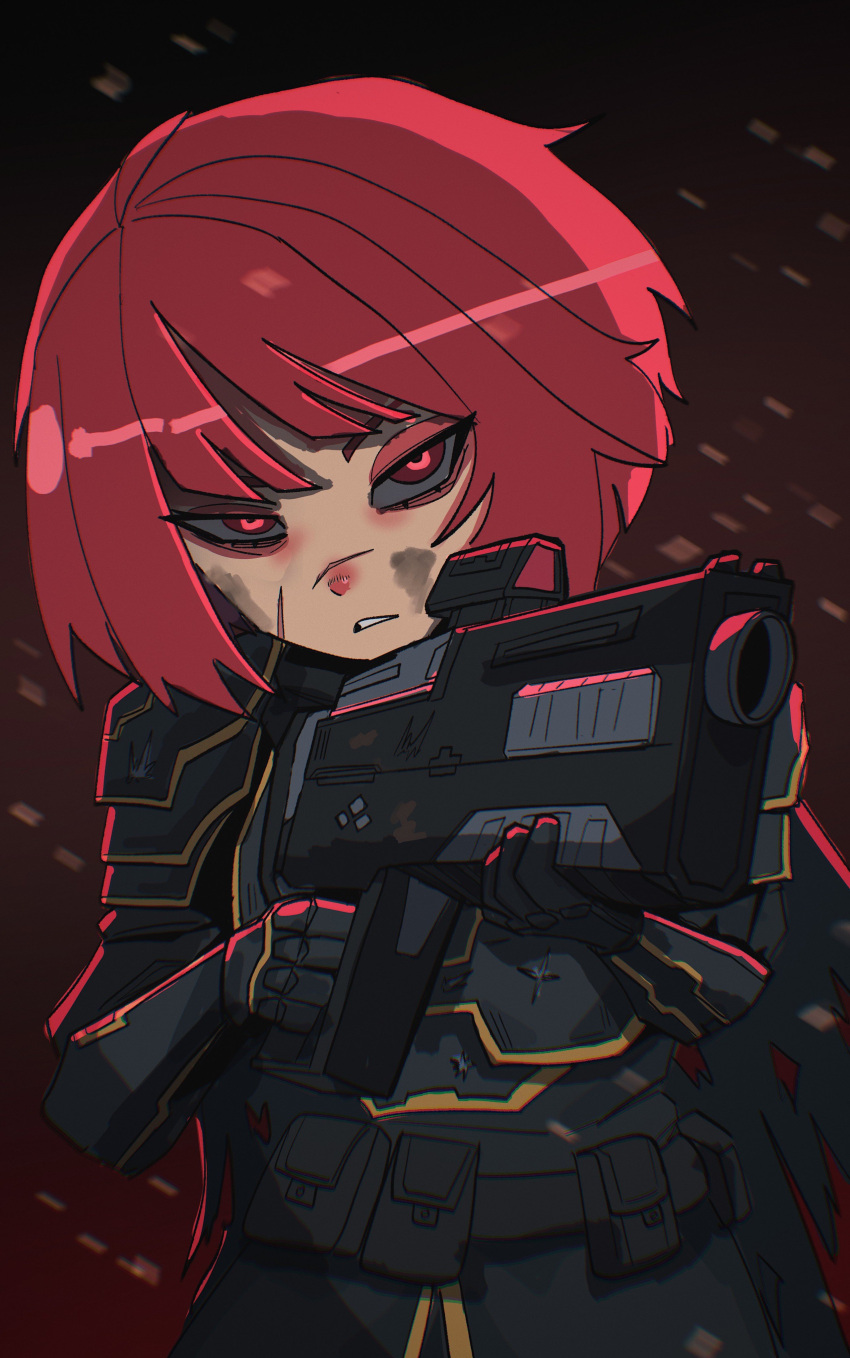 &gt;:( absurdres assault_rifle bags_under_eyes basedbinkie black_gloves bob_cut body_armor bullpup dirty dirty_clothes dirty_face frown gloves glowing_pupils gun helldivers_(series) highres military_uniform optical_sight red_eyes red_hair rifle scar scar_on_face scar_on_nose serious short_hair sparks uniform v-shaped_eyebrows weapon