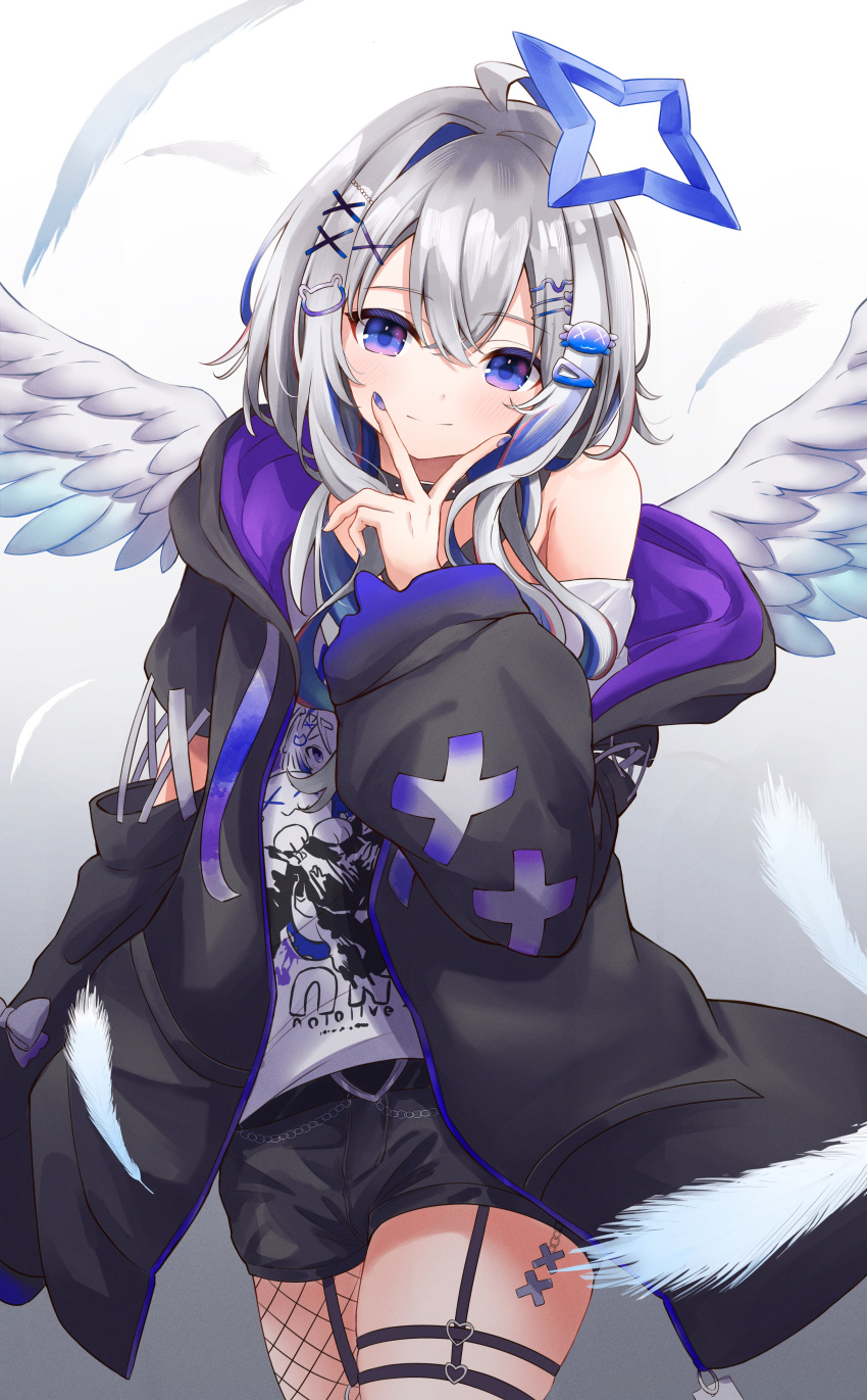 1girl absurdres amane_kanata amane_kanata_(punk_rock) angel angel_wings black_jacket black_shorts blue_hair blue_nails character_print fishnet_thighhighs fishnets grey_hair hair_intakes hair_ornament hairpin halo highres hololive hood hooded_jacket jacket looking_at_viewer medium_hair nail_polish official_alternate_costume p-tomi purple_eyes self_character_print shirt shorts smile solo star_halo thigh_strap thighhighs v_over_mouth virtual_youtuber white_shirt wings x_hair_ornament