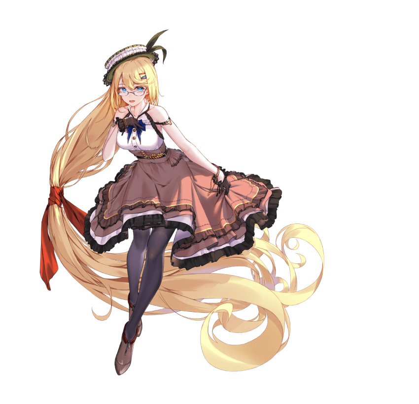 1girl :d absurdly_long_hair ark_order arm_strap bare_shoulders black_bow black_gloves black_pantyhose blonde_hair blue_bow blue_bowtie blue_eyes boater_hat boots bow bowtie bracelet breasts brown_footwear brown_skirt frilled_skirt frills full_body glasses gloves green_hat hair_bow hair_ornament hairclip hat highres jewelry lace-trimmed_headwear lace_trim large_breasts long_hair looking_at_viewer low-tied_long_hair official_art orange_bow pantyhose shirt sidelocks sif_(ark_order) skirt sleeveless sleeveless_shirt smile solo tachi-e transparent_background two-tone_bow very_long_hair wheat white_shirt you_ni_ge_shaobing