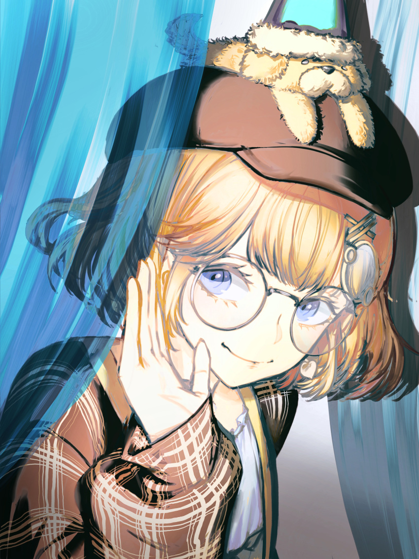 1girl absurdres animal_on_head behind_curtains black_hat blonde_hair blue_eyes brown_coat bubba_(watson_amelia) cabbie_hat closed_mouth coat commentary curtains dog dog_on_head english_commentary frilled_shirt frills glasses hand_up hat highres hololive hololive_english looking_at_viewer official_alternate_costume on_head plaid plaid_coat pungson_mori round_eyewear shirt short_hair smile solo upper_body virtual_youtuber watson_amelia watson_amelia_(street_casual) waving white_shirt