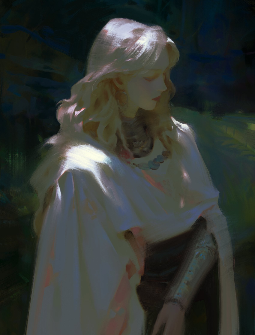 1girl arm_at_side armor black_pants blonde_hair cape chiaroscuro cloak closed_eyes closed_mouth dappled_sunlight earrings faux_traditional_media forest from_side highres hoop_earrings jewelry lips long_hair nature necklace original pants profile red_lips robe solo standing sunlight upper_body vambraces wavy_hair white_robe yuming_li