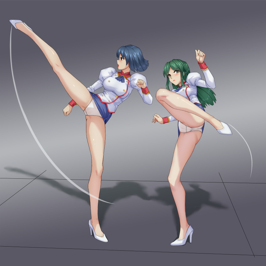 2girls absurdres adjutant_(agent_aika) agent_aika aika_(series) ascot ass black_ascot black_skirt blue_hair blush breasts brown_eyes buttons cameltoe closed_mouth commentary_request commission couple crotch_seam delmo_commander delmogeny_uniform full_body green_hair haimei1980 high_heels high_kick highres indoors jacket juliet_sleeves kicking large_breasts lipstick long_hair long_sleeves makeup microskirt military_uniform multiple_girls open_mouth panties pixiv_commission profile puffy_sleeves short_hair skirt standing standing_on_one_leg thighs tile_floor tiles underwear uniform white_delmo white_footwear white_jacket white_panties