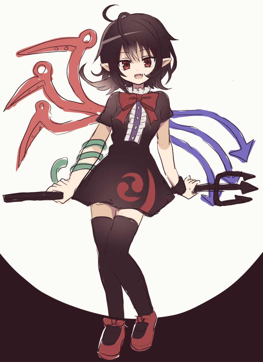 1girl :d absurdres alternate_eye_color asymmetrical_wings black_dress black_hair black_thighhighs blue_wings bow bowtie breasts brown_eyes buttons center_frills commentary_request dress fang flipped_hair footwear_bow frilled_dress frills full_body highres holding holding_polearm holding_weapon houjuu_nue looking_at_viewer mary_janes medium_bangs open_mouth pointy_ears polearm red_bow red_bowtie red_footwear red_wings shoes short_dress short_hair short_sleeves skin_fang small_breasts smile solo thighhighs tomoe_(symbol) touhou weapon white_background wings wristband yoitsuki_ai
