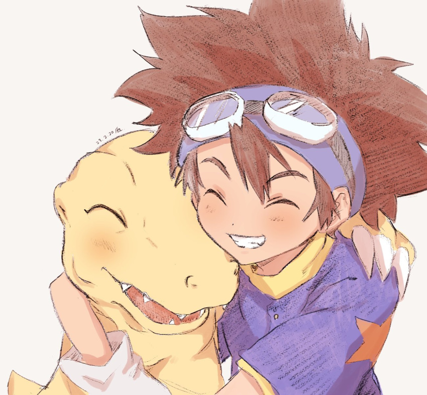 agumon blush brown_hair child closed_eyes digimon digimon_(creature) digimon_adventure dinosaur fangs feng_(feng_efu) friends goggles goggles_on_head happy highres simple_background star_(symbol) yagami_taichi