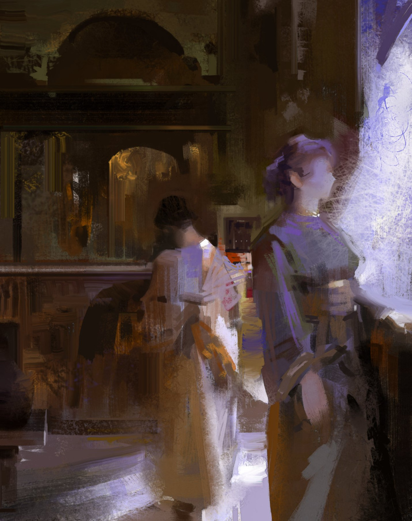 2girls black_hair brown_hair chiaroscuro closed_eyes closed_mouth commentary dress english_commentary faux_traditional_media feet_out_of_frame highres indoors layered_sleeves long_hair long_sleeves multiple_girls nape original painterly pants sketch sunlight walking yuming_li