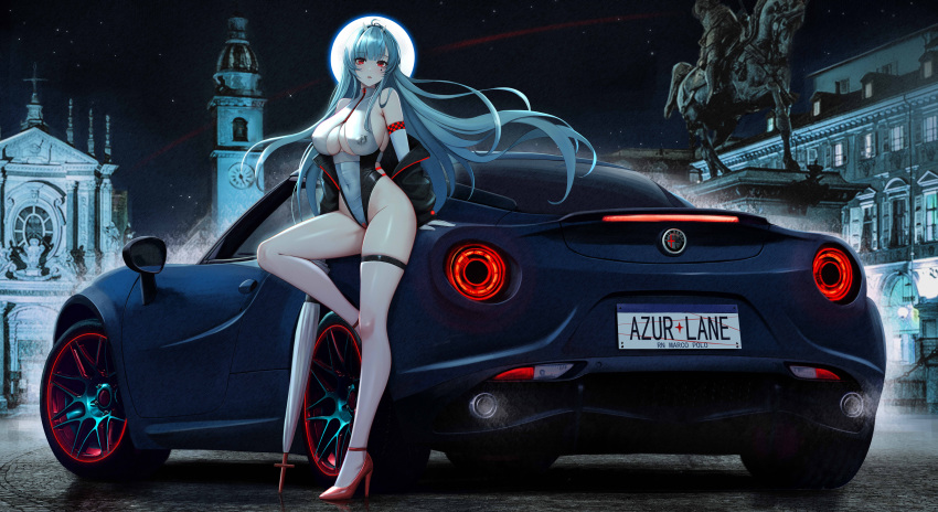 1girl absurdres armpit_crease azur_lane bare_legs bare_shoulders black_jacket blue_hair breasts car cleavage clothing_cutout covered_navel elbow_gloves facial_mark floating_hair full_moon gloves high_heels highleg highleg_leotard highres horns jacket kcar66t large_breasts leotard long_hair long_sleeves looking_at_viewer marco_polo_(azur_lane) moon motor_vehicle night off_shoulder open_clothes open_jacket open_mouth outdoors race_queen real_world_location red_footwear red_hair skindentation solo sports_car statue thigh_strap thighs umbrella underboob underboob_cutout very_long_hair white_gloves white_leotard zipper