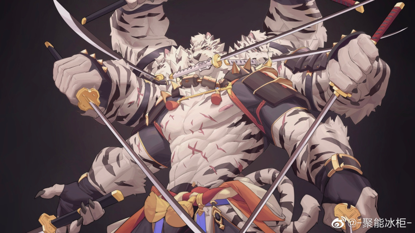 1boy abs animal_ears bara bare_pectorals clothes_down extra_arms fighting_stance furry furry_male highres holding holding_sword holding_weapon huge_pectorals japanese_clothes ju_neng_binggui katana kimono large_hands large_pectorals male_focus multiple_heads multiple_wielding muscular muscular_male nipples open_clothes open_kimono original pectorals pelvic_curtain serious shrug_(clothing) solo standing stomach sword thick_eyebrows tiger_boy tiger_ears too_many_weapons weapon weapon_in_mouth white_fur