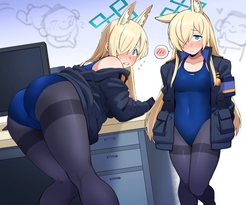 1boy 1girl absurdres animal_ear_fluff animal_ears armband ass blonde_hair blue_archive blue_eyes blue_one-piece_swimsuit blush breasts commission desk dog_ears doodle_sensei_(blue_archive) embarrassed extra_ears hair_over_one_eye halo highres jacket kanna_(blue_archive) kurozu_(crozu) long_hair multiple_boys one-piece_swimsuit open_clothes open_jacket pantyhose pantyhose_under_swimsuit sensei_(blue_archive) sharp_teeth skeb_commission small_breasts sweatdrop swimsuit teeth