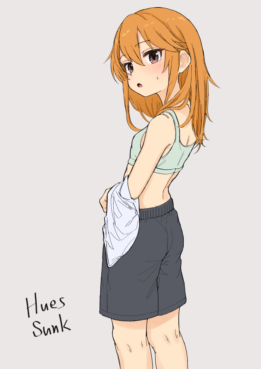 1girl black_shorts blush breasts domdom feet_out_of_frame highres idolmaster idolmaster_cinderella_girls kneepits looking_at_viewer looking_to_the_side median_furrow orange_hair shorts simple_background small_breasts solo sports_bra sweatdrop yuuki_haru