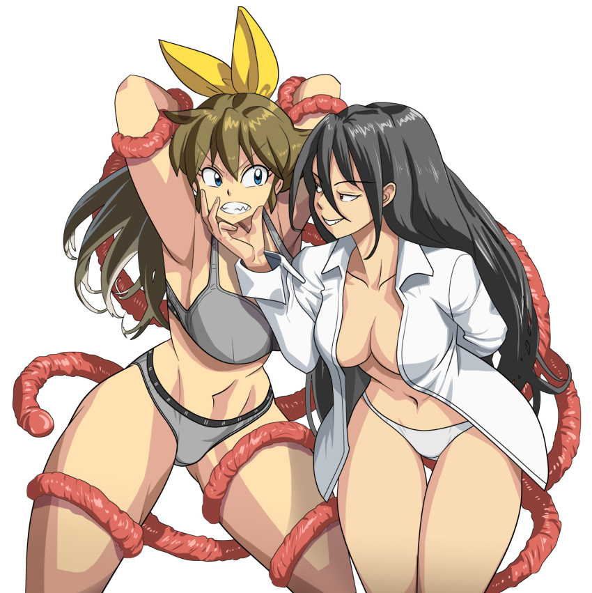 2girls arm_behind_back armpits black_hair blue_eyes bow breasts brown_hair character_request commentary_request cowboy_shot evil_grin evil_smile fang grabbing_another's_chin grey_panties grey_sports_bra grin hair_bow hand_on_another's_chin highres implied_yuri lab_coat large_breasts looking_at_another m.u.g.e.n multiple_girls naked_labcoat navel no_bra oggy_(oggyoggy) original panties ponytail red_eyes restrained ryuko_(oggyoggy) smile sports_bra tentacles thick_thighs thigh_gap thighs transparent_background underwear underwear_writing white_panties yellow_bow