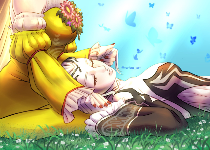 2girls black_choker black_dress black_tiara blonde_hair breasts bug butterfly choker cleavage closed_eyes dragon dress eir_(fire_emblem) fire_emblem fire_emblem_heroes flower frilled_sleeves frills grass highres holding_hands long_hair long_sleeves medium_breasts multiple_girls ovbm_art playing_with_another's_hair princess red_nails sidelocks sleeping sleeping_on_person solo_focus tiara white_dress white_hair yellow_dress ymir_(fire_emblem_heroes)