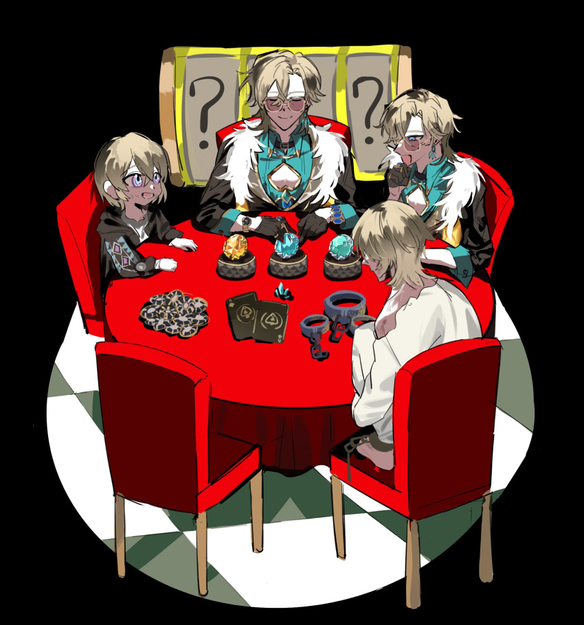 aged_down aqua_shirt aventurine_(honkai:_star_rail) black_gloves blonde_hair card chain chair clothing_cutout collared_shirt fur_trim gem glasses gloves hair_between_eyes highres honkai:_star_rail honkai_(series) hood hoodie male_focus multicolored_eyes multiple_boys on_chair playing_card shirt short_hair sitting table terra4111 tinted_eyewear