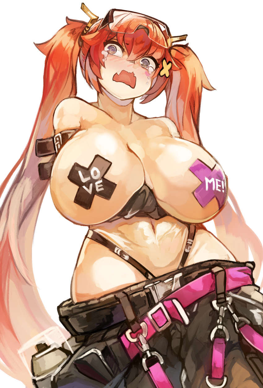 1girl @_@ absurdres arm_belt arms_under_breasts baggy_pants belt belt_buckle belt_pouch black_belt black_gloves black_pants breastless_clothes breasts breasts_apart buckle clothes_writing cosplay covered_nipples cross_pasties crossed_arms crying crying_with_eyes_open d: english_text gloves goggles goggles_on_head hair_between_eyes hair_ornament heart highres huge_breasts larribee last_origin leotard long_hair looking_at_viewer loose_belt may_of_doom multiple_belts navel pants pasties pink_belt pouch purple_eyes red_hair safety_glasses see-through see-through_leotard sidelocks simple_background skin_tight solo spray_can spray_paint strapless strapless_leotard streetwear sylphid_(last_origin) sylphid_(last_origin)_cosplay tears topless twintails very_long_hair white_background x_hair_ornament