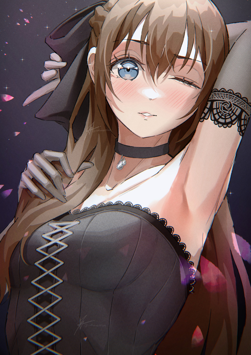 1girl absurdres armpits birthday black_background blue_eyes blush breasts brown_hair collar commentary elbow_gloves gloves hair_ribbon half_updo highres long_hair looking_at_viewer love_live! love_live!_nijigasaki_high_school_idol_club notinversion one_eye_closed osaka_shizuku ribbon signature small_breasts sparkle twitter_username upper_body