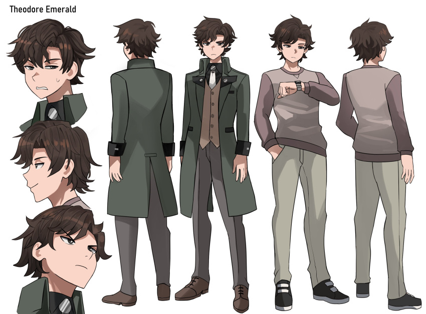 1boy black_shirt brown_eyes brown_hair brown_vest character_name collared_shirt grey_jacket grey_pants grey_shirt hair_between_eyes hand_in_pocket highres jacket jourd4n long_sleeves male_focus multiple_views necktie open_clothes open_jacket original pants parted_lips puffy_long_sleeves puffy_sleeves raglan_sleeves reference_sheet shirt simple_background sweat v-shaped_eyebrows vest watch white_background white_necktie wristwatch