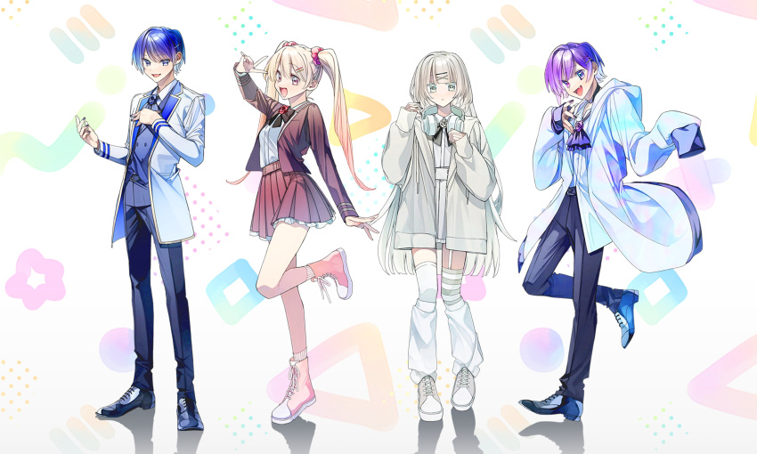 2boys 2girls :d absurdres ado_(utaite) anon._(suipote!) ascot asymmetrical_legwear azuma-kun_(suipote!) belt black_bow black_bowtie black_pants blonde_hair blue_ascot blue_eyes blue_hair blue_pants blue_vest blunt_bangs bow bowtie coat commentary fingernails flower full_body garter_straps green_eyes grey_hair hair_ornament hair_scrunchie hairclip hand_on_own_chest hand_up headphones headphones_around_neck highres imori_yuna_(suipote!) jacket leg_up leg_warmers long_hair long_sleeves looking_at_viewer mismatched_legwear multiple_boys multiple_girls nail_polish official_art open_mouth pants parted_lips pink_eyes pink_scrunchie pleated_skirt purple_ascot purple_eyes purple_hair rinku_(rin9) scrunchie shirt shoes short_hair silk_(suipote!) single_garter_strap single_sleeve_past_fingers skirt sleeves_past_wrists smile standing striped_clothes striped_thighhighs sweet_potato!_(utaite_group) thighhighs twintails utaite v very_long_hair vest white_background white_headphones white_jacket white_shirt x_hair_ornament