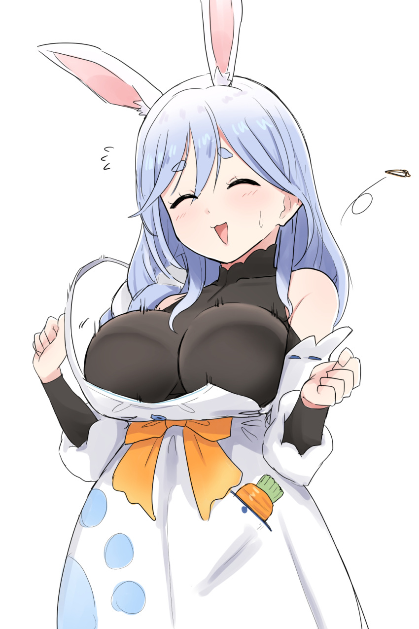 1girl :3 animal_ear_fluff animal_ears apron black_bodysuit bodysuit breasts carrot clenched_hands closed_eyes highres hololive large_breasts maramuya mature_female pekomama rabbit_ears rabbit_girl short_eyebrows sleeveless sleeveless_bodysuit thick_eyebrows virtual_youtuber wardrobe_malfunction white_apron white_background