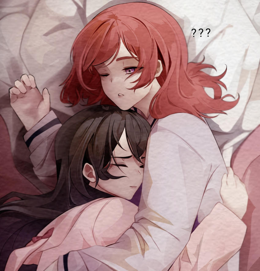 2girls ? ?? black_hair closed_eyes closed_mouth commentary cuddling from_above hand_on_another's_back highres long_hair love_live! love_live!_school_idol_project multiple_girls niant9n nishikino_maki on_bed one_eye_closed parted_lips pillow pink_shirt purple_eyes red_hair shirt sleeping white_shirt yazawa_nico yuri