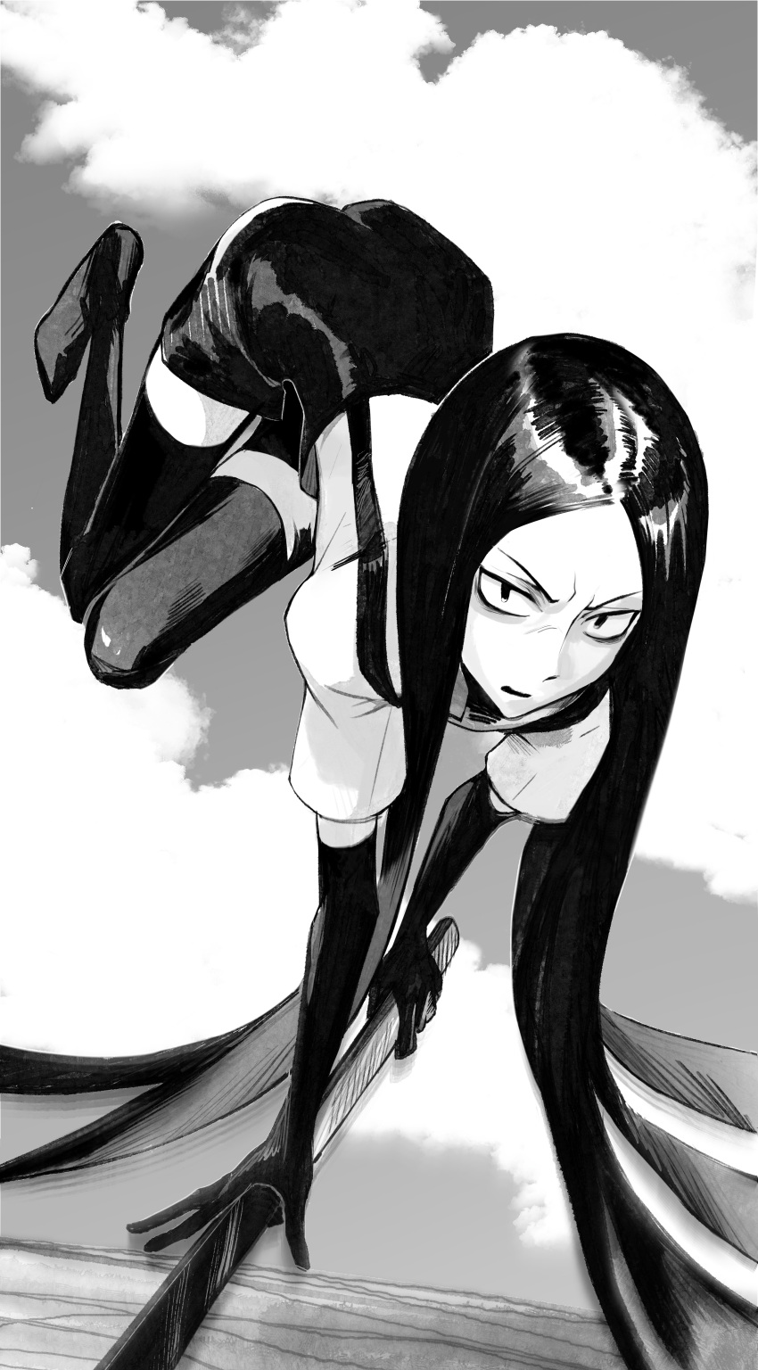 1other absurdres all_fours boots bort elbow_gloves gem_uniform_(houseki_no_kuni) gloves highres houseki_no_kuni long_hair looking_at_viewer monochrome other_focus parted_bangs parted_lips puffy_short_sleeves puffy_sleeves shirt short_sleeves shorts solo suspender_shorts suspenders sword thigh_boots v-shaped_eyebrows very_long_hair weapon yonq98