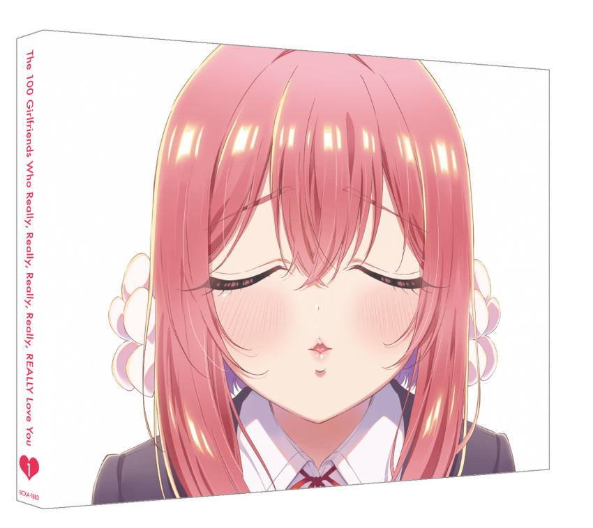 1girl artist_request blazer blush closed_eyes copyright_name cover crossed_bangs double-parted_bangs dress_shirt eyelashes eyes_visible_through_hair facing_viewer flower hair_between_eyes hair_flower hair_ornament hanazono_hakari heart heart_in_eye highres incoming_kiss jacket kimi_no_koto_ga_dai_dai_dai_dai_daisuki_na_100-nin_no_kanojo long_bangs medium_hair neck_ribbon official_art pink_hair portrait puckered_lips purple_jacket red_ribbon ribbon shirt solo symbol_in_eye transparent_background white_flower white_shirt