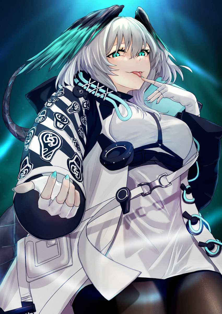 1girl :p absurdres aill aqua_eyes aqua_nails arknights between_breasts black_coat black_pantyhose breasts coat cowboy_shot dress feathered_wings fingerless_gloves gloves grey_hair hair_between_eyes head_wings highres ho'olheyak_(arknights) long_sleeves looking_at_viewer medium_hair nail_polish open_clothes pantyhose pencil_dress sidelocks snake_tail solo strap_between_breasts tail tongue tongue_out white_dress white_gloves wings