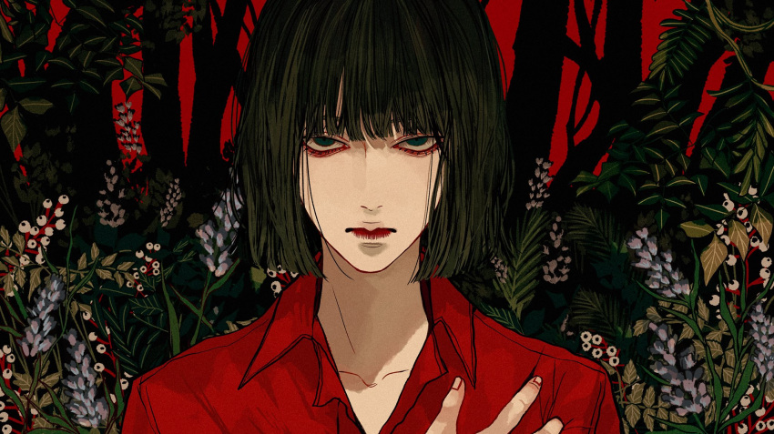 1boy berry black_hair bob_cut closed_mouth collared_shirt commentary_request hand_up highres kagoya1219 looking_at_viewer male_focus original plant red_background red_shirt sanpaku shirt short_hair solo straight-on tree upper_body