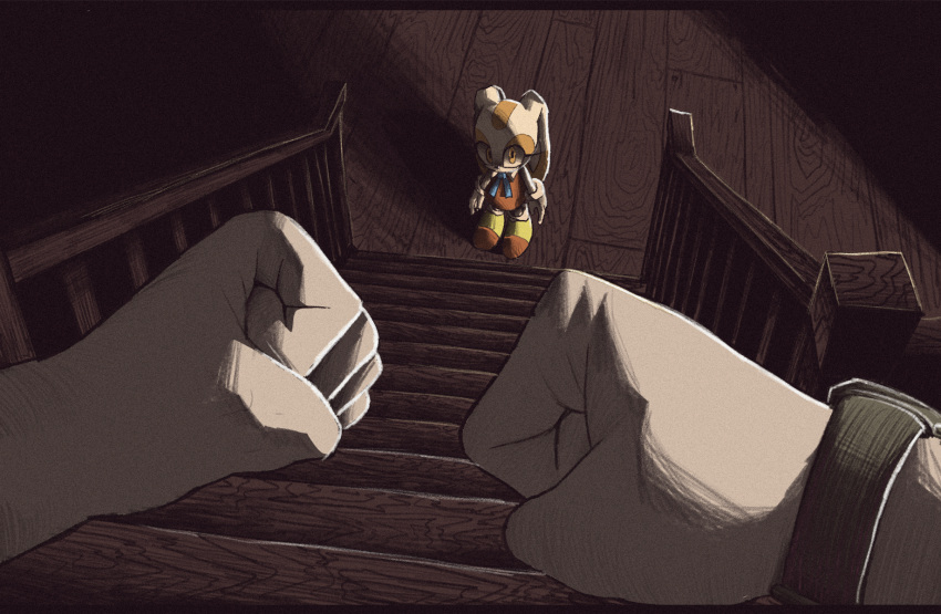 1girl 1other animal_ears clenched_hands commentary_request cream_the_rabbit dress furry furry_female gloves highres orange_dress orange_eyes pov pov_hands rabbit_ears sonic_(series) souldroids stairs watch white_gloves wooden_floor wristwatch