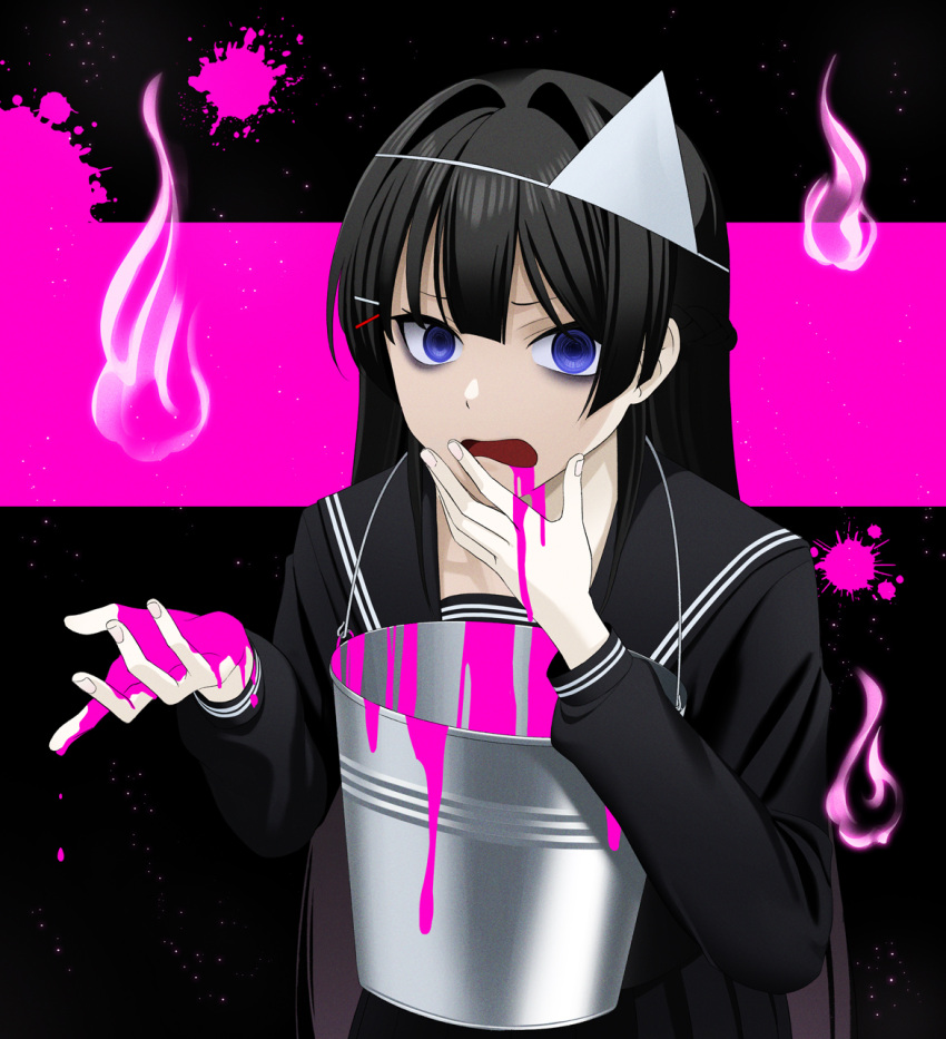 1girl bags_under_eyes black_background black_hair black_sailor_collar black_serafuku black_shirt blood blood_from_mouth blood_on_hands bucket commentary_request empty_eyes frown furrowed_brow hair_intakes hair_ornament hairclip hand_up highres hinoyama_ena hitodama light_particles long_hair long_sleeves looking_at_viewer nijisanji open_mouth pink_background pink_blood purple_eyes sailor_collar school_uniform serafuku shirt solo splatter_background triangular_headpiece tsukino_mito tsukino_mito_(5th_costume) two-tone_background upper_body virtual_youtuber