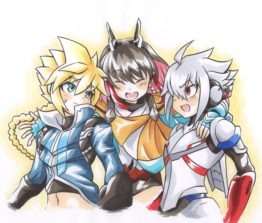 1girl 2boys acura_(gunvolt) ajikeneko armor azure_striker_gunvolt azure_striker_gunvolt_2 azure_striker_gunvolt_3 black_shirt black_shorts blonde_hair blue_coat braid braided_ponytail brown_hair closed_eyes coat fake_horns fingerless_gloves gloves gunvolt hands_on_shoulders highres horns kirin_(gunvolt) long_hair multicolored_hair multiple_boys navel nontraditional_miko open_mouth pink_hair power_armor red_eyes red_hair shirt short_hair shorts smile white_armor white_hair yellow_cloak