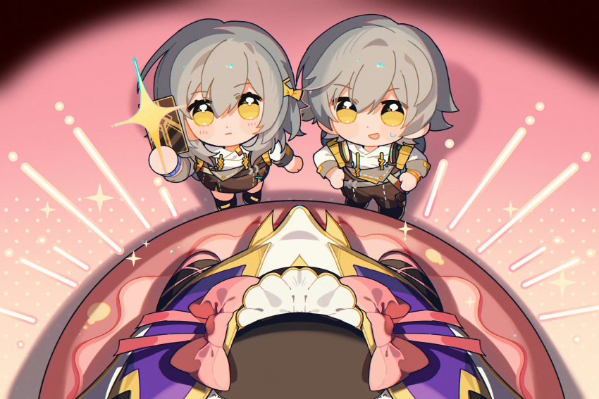 1boy 1girl absurdres alternate_costume arm_up artist_request baggy_pants black_footwear blush boots bow brown_pants brown_skirt caelus_(honkai:_star_rail) cake cellphone chibi closed_mouth food full_body grey_hair hair_between_eyes hair_bow hands_on_own_hips highres holding holding_phone honkai:_star_rail honkai_(series) hood hoodie long_hair long_sleeves looking_up open_mouth pants phone pink_background pink_bow shadow shoes short_hair skirt smartphone smile standing stelle_(honkai:_star_rail) suspender_skirt suspenders sweatdrop taking_picture trailblazer_(honkai:_star_rail) white_hoodie yellow_bow