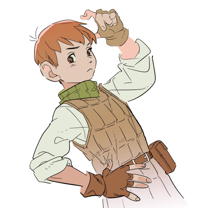 1boy :&lt; arm_up brown_eyes brown_gloves brown_vest chilchuck_tims closed_mouth dungeon_meshi english_commentary fingerless_gloves gloves hand_on_own_hip highres large_ears long_sleeves looking_at_viewer male_focus orange_hair robodumpling short_hair simple_background solo tool_belt upper_body vest white_background