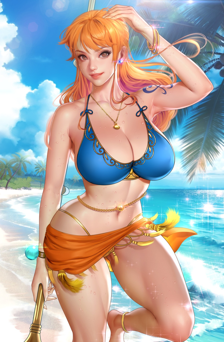 1girl beach bearwitch bikini blue_bikini breasts brown_eyes earrings highres jewelry large_breasts lips long_hair looking_at_viewer midriff nami_(one_piece) navel necklace ocean one_piece orange_hair orange_pants pants short_hair smile solo stomach swimsuit tassel