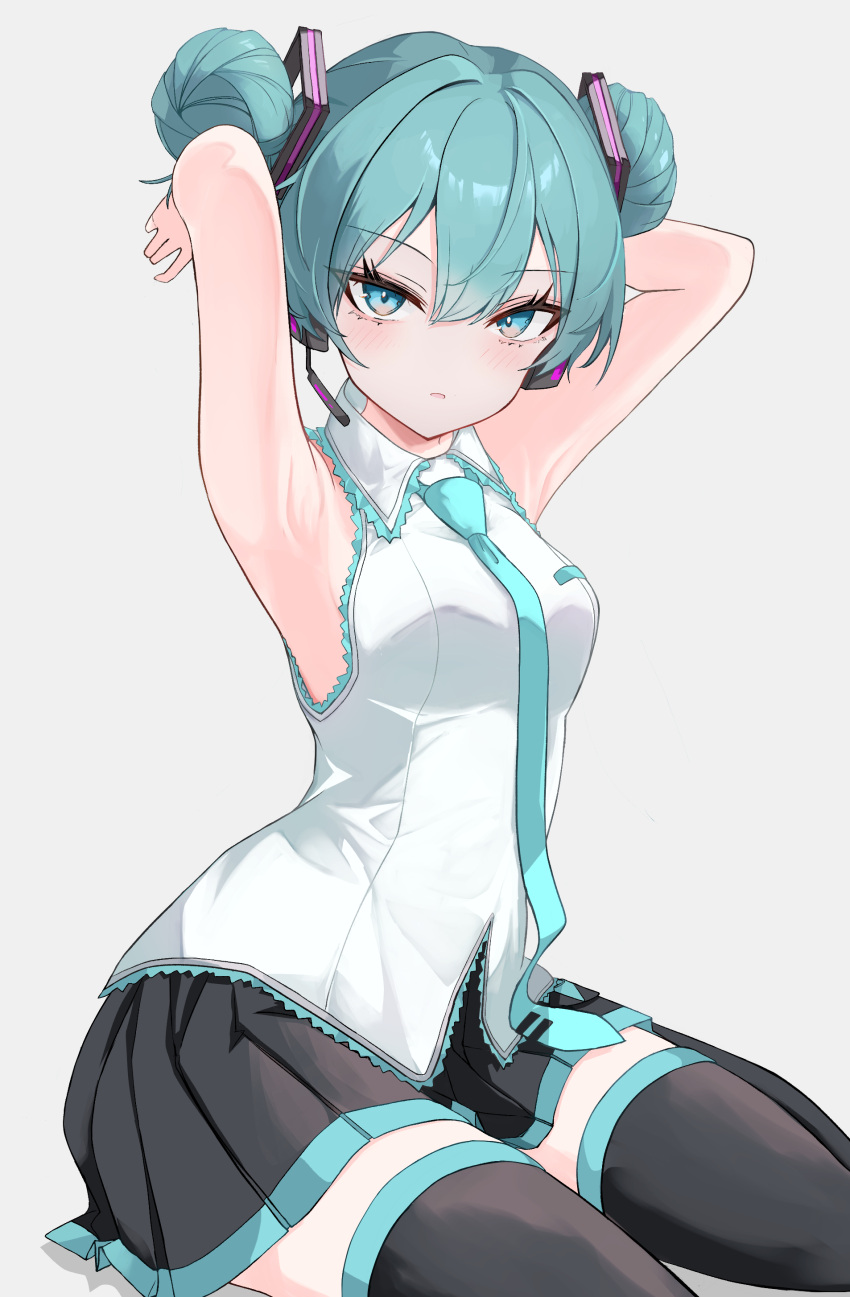 1girl absurdres aqua_eyes aqua_hair aqua_necktie armpits arms_behind_head black_skirt black_thighhighs breasts collared_shirt double-parted_bangs double_bun feet_out_of_frame frilled_shirt frills grey_background hair_bun hair_ornament half-closed_eyes hatsune_miku headset highres kawasuru_(15miclon) light_blush looking_at_viewer medium_breasts necktie no_nose open_mouth pleated_skirt shirt short_hair simple_background sitting skirt sleeveless sleeveless_shirt solo thighhighs tsurime vocaloid wariza white_shirt zettai_ryouiki