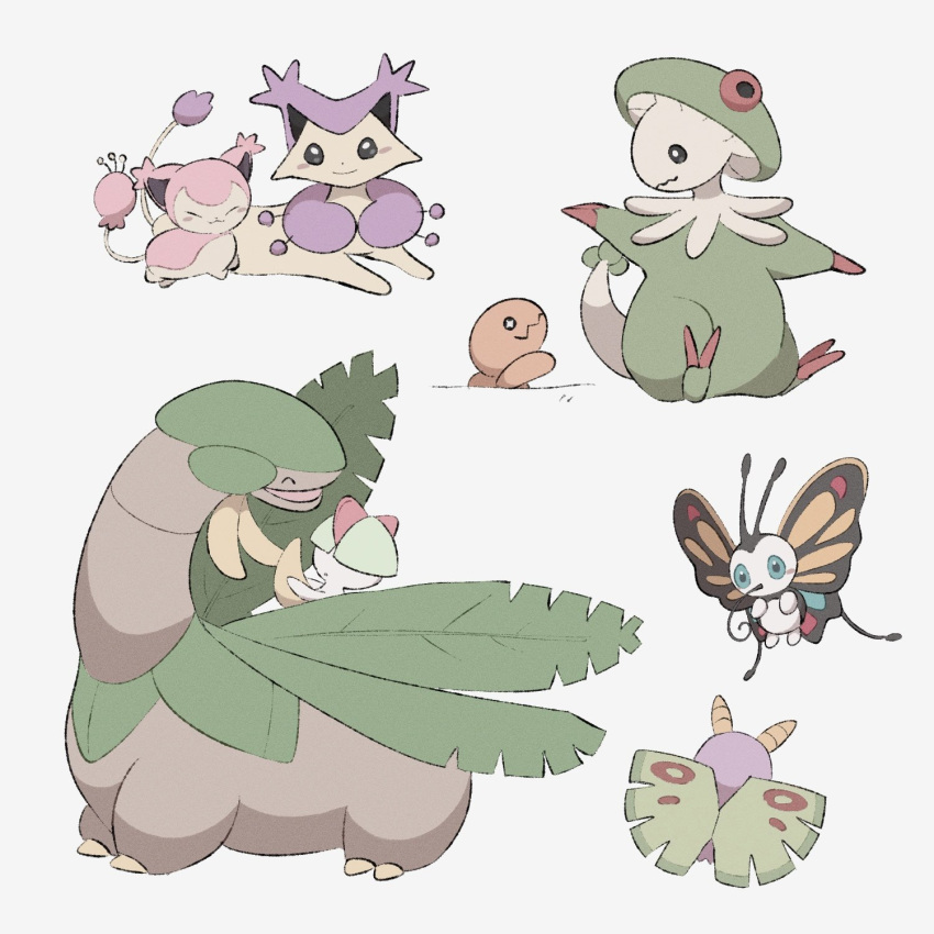 :3 :o ^_^ banana beautifly black_eyes blue_eyes blush blush_stickers breloom bright_pupils closed_eyes closed_mouth delcatty dustox evolutionary_line facing_away food from_behind fruit highres leaf looking_at_another looking_back looking_to_the_side no_humans open_mouth pokemon pokemon_(creature) pokemon_on_back ralts simple_background sitting skitty smile sumi_fms trapinch tropius white_background white_pupils